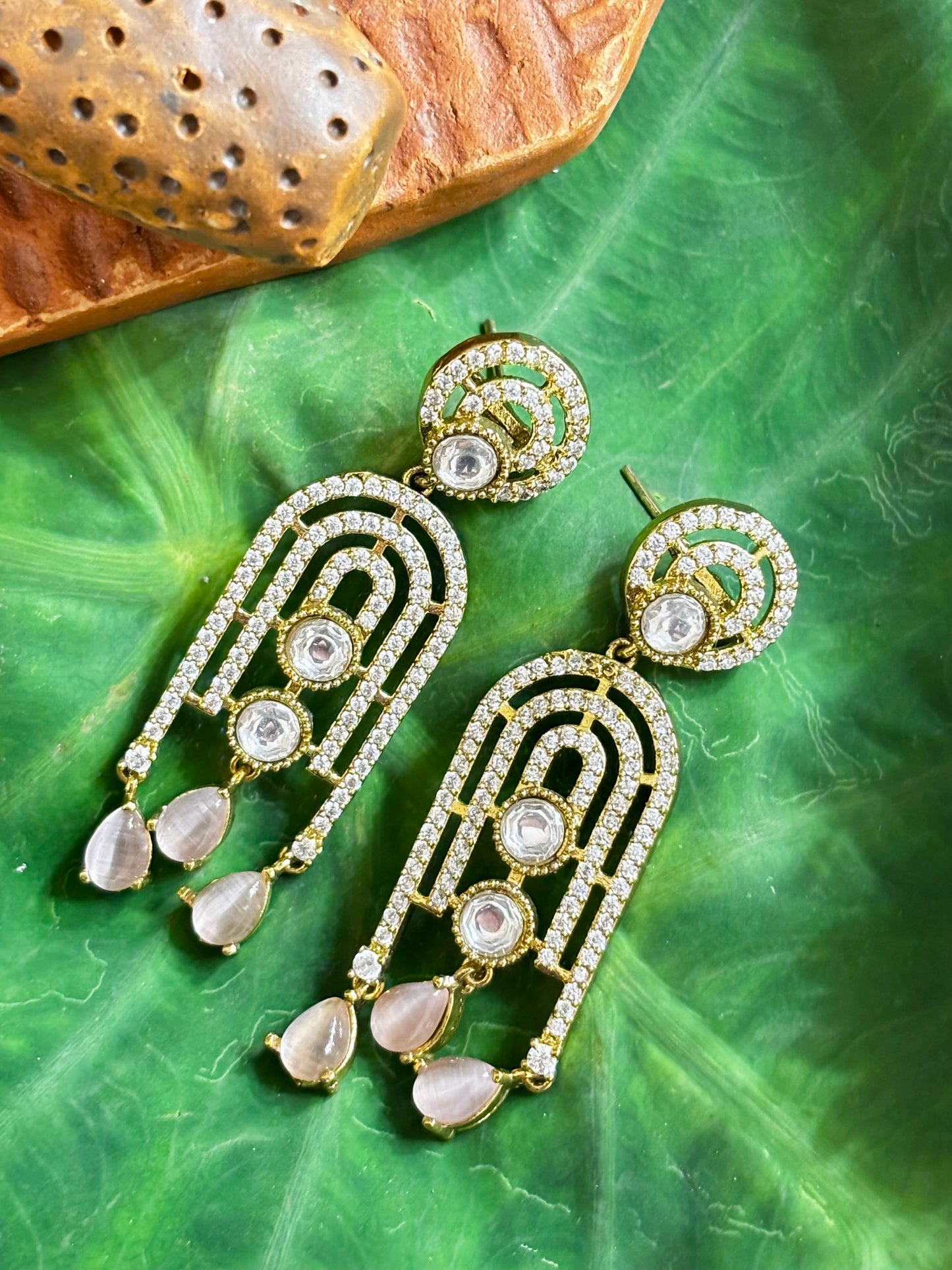Maya Geometric Arch Kundan & Pink Drop Earrings