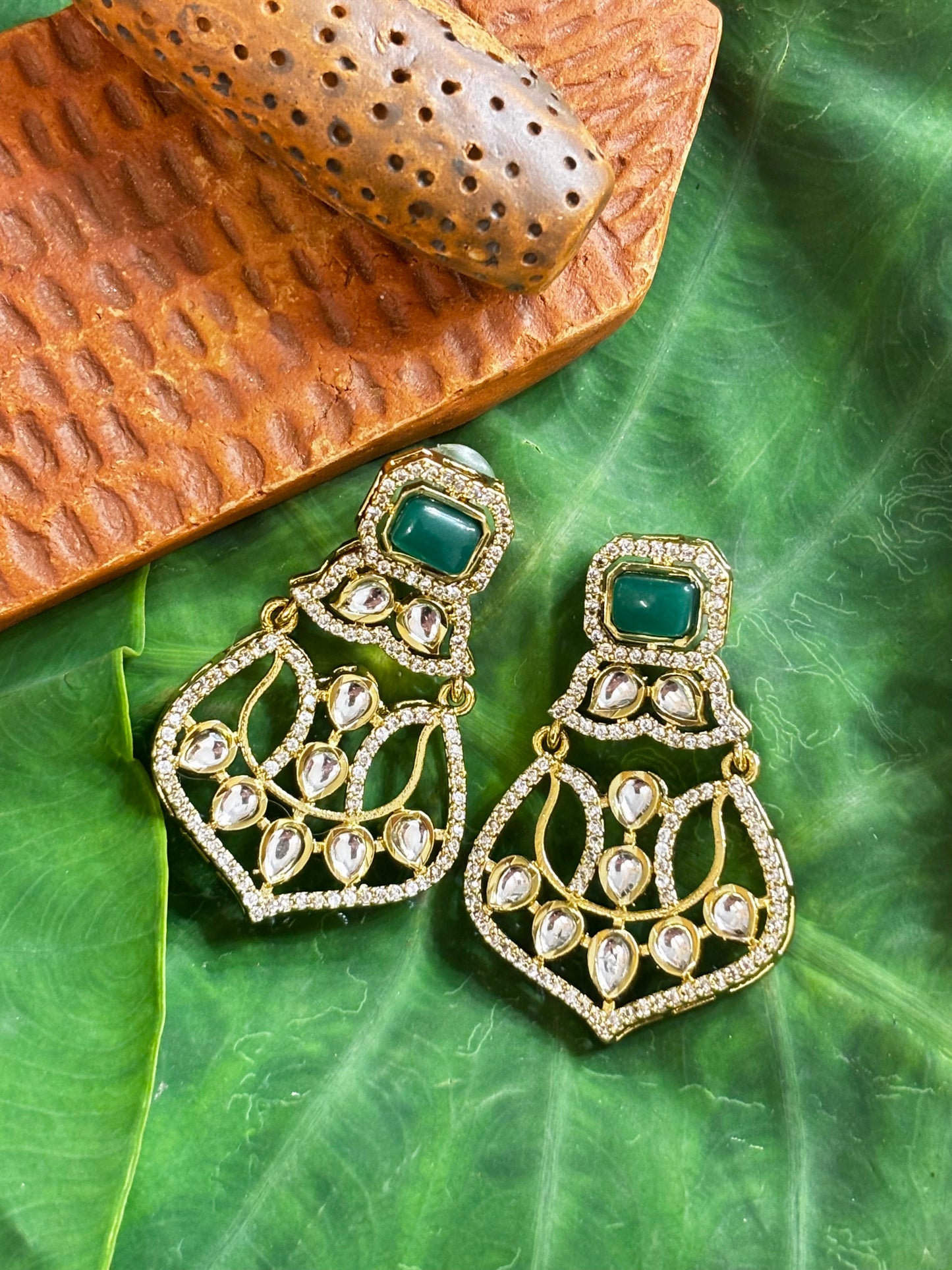 Maya Lotus Kundan & Emerald Green Statement Earrings