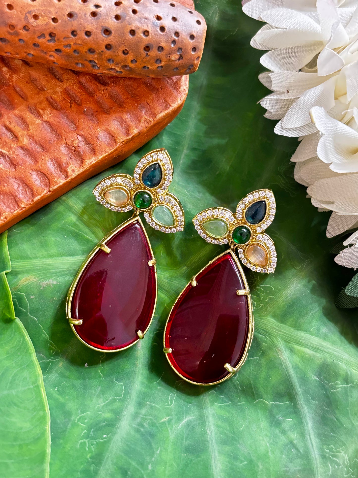 Maya Maroon Teardrop & Multi-Stone Trefoil Earrings