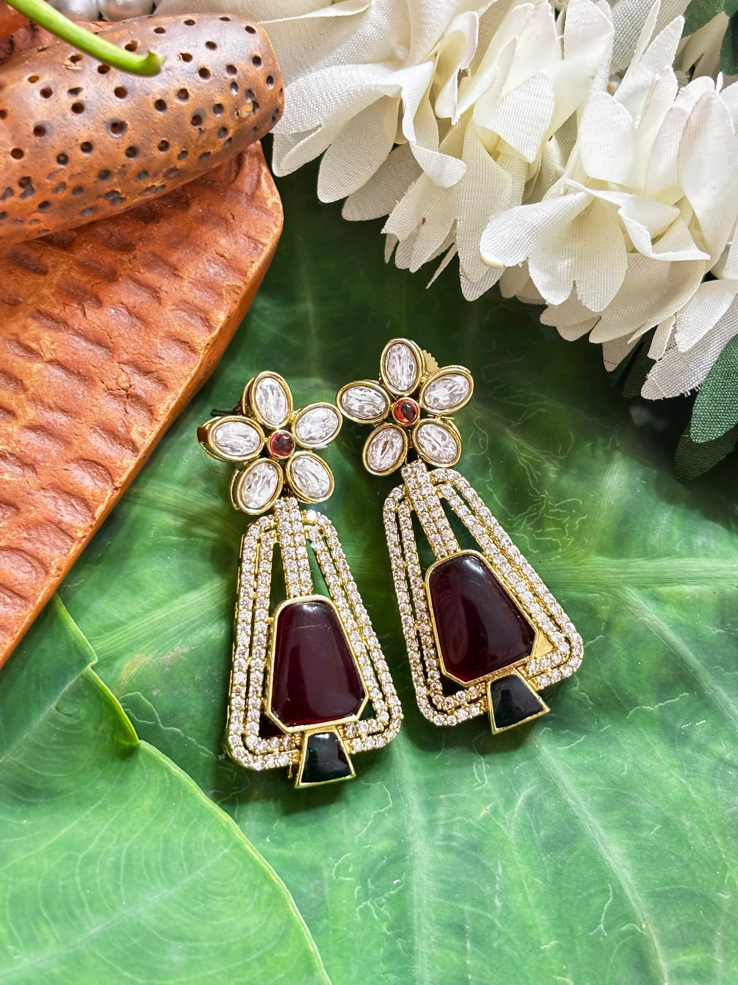 Maya Maroon Trapezoid & Floral CZ Statement Earrings