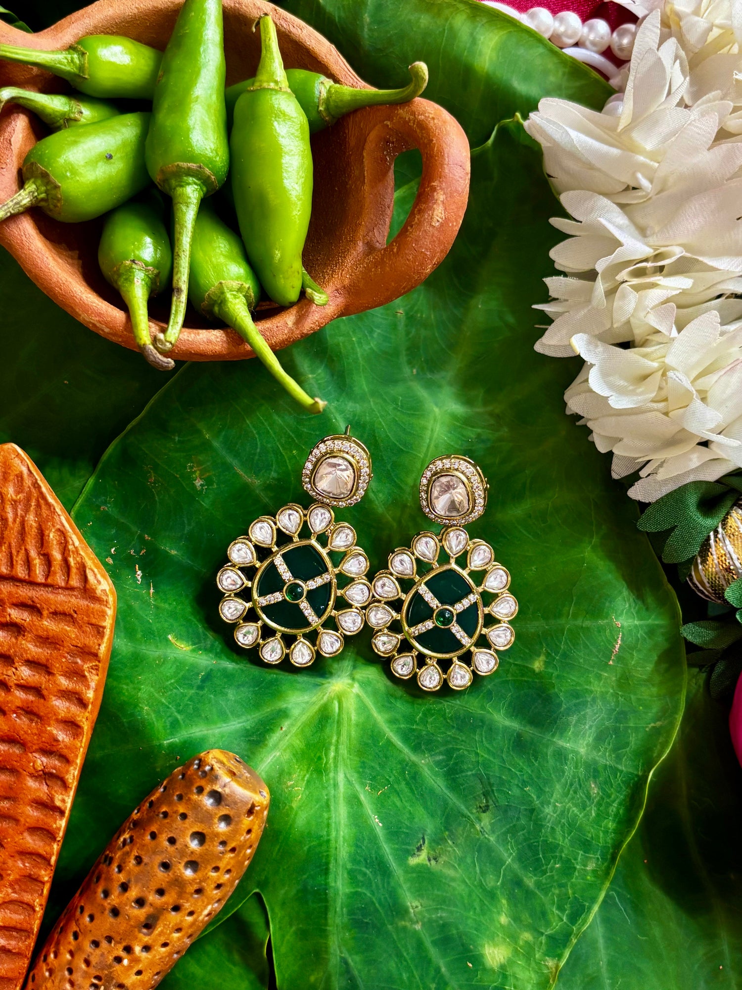 Maya Gold Round Emerald Green Medallion Drop Earrings with CZ Crosshair Grid and Kundan Halo