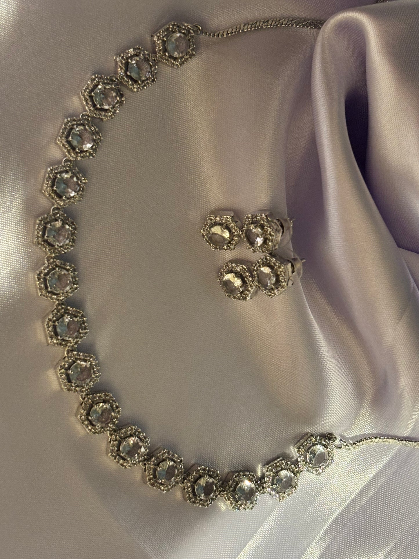 The Maya Zuri Hexagonal Halo Choker & Earring Set crystal silver