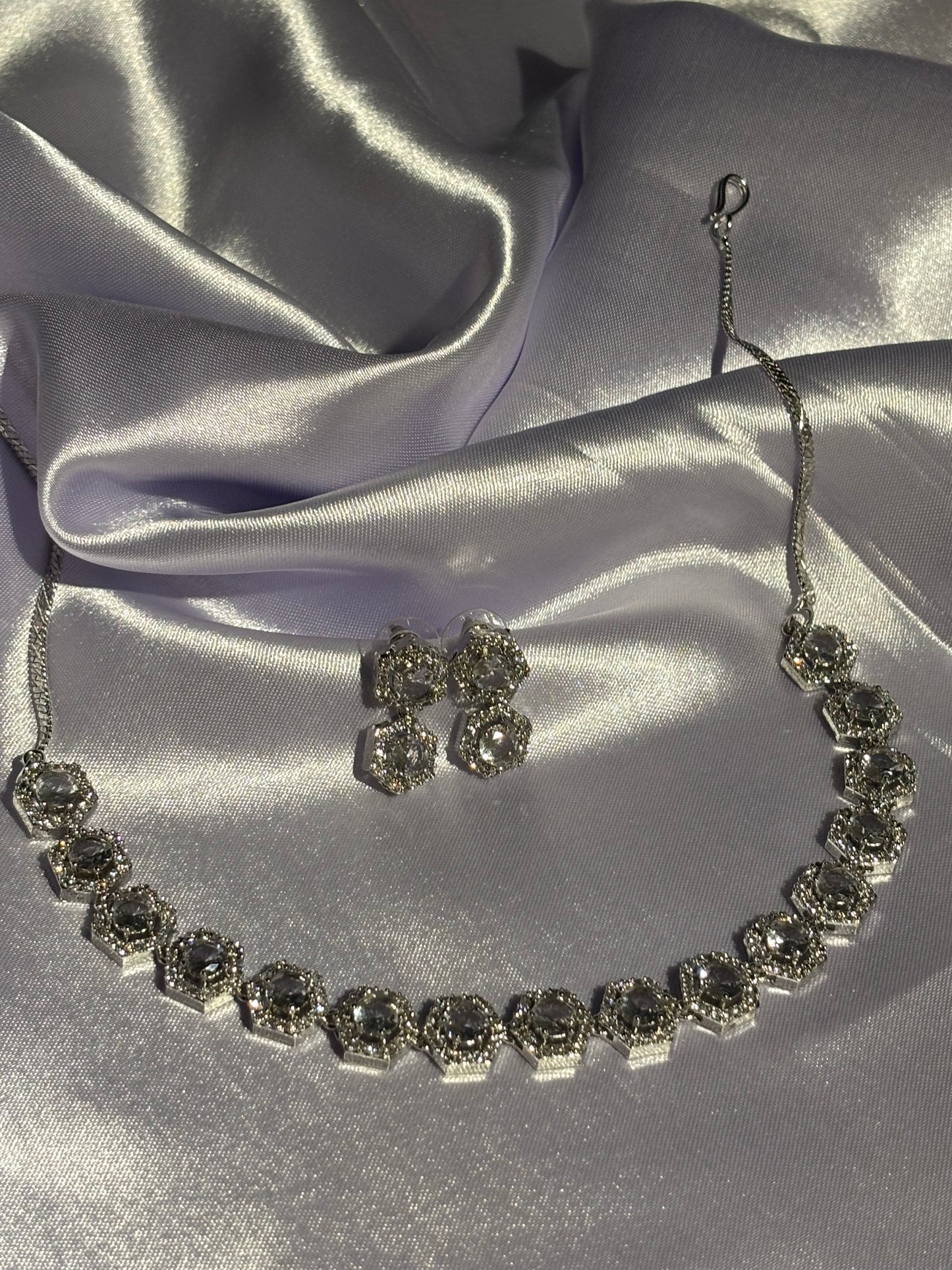 The Maya Zuri Hexagonal Halo Choker & Earring Set crystal silver