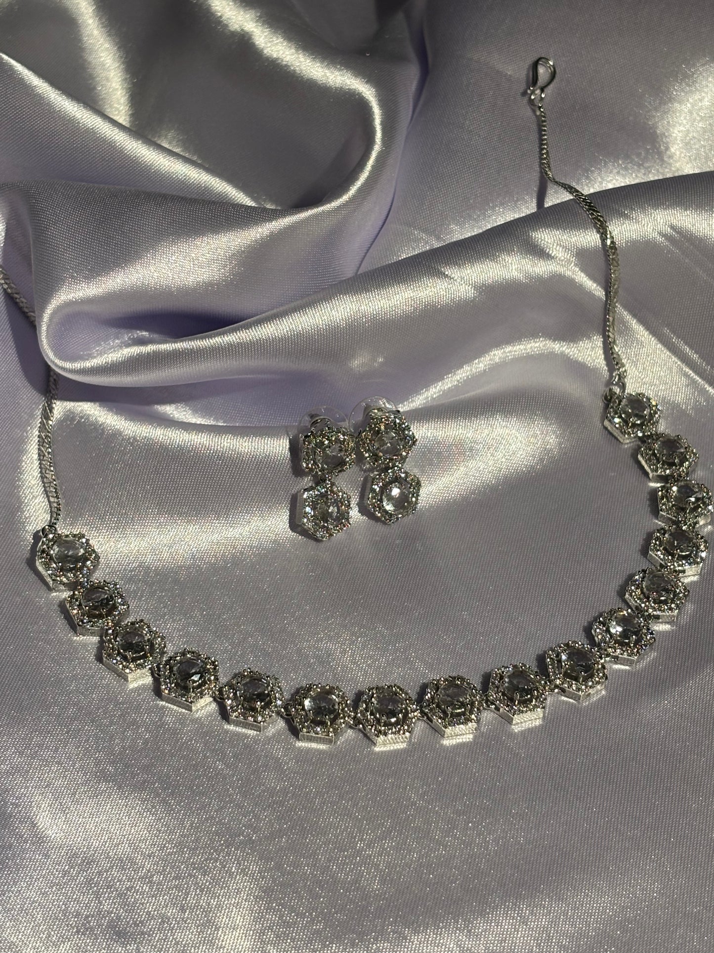 The Maya Zuri Hexagonal Halo Choker & Earring Set crystal silver