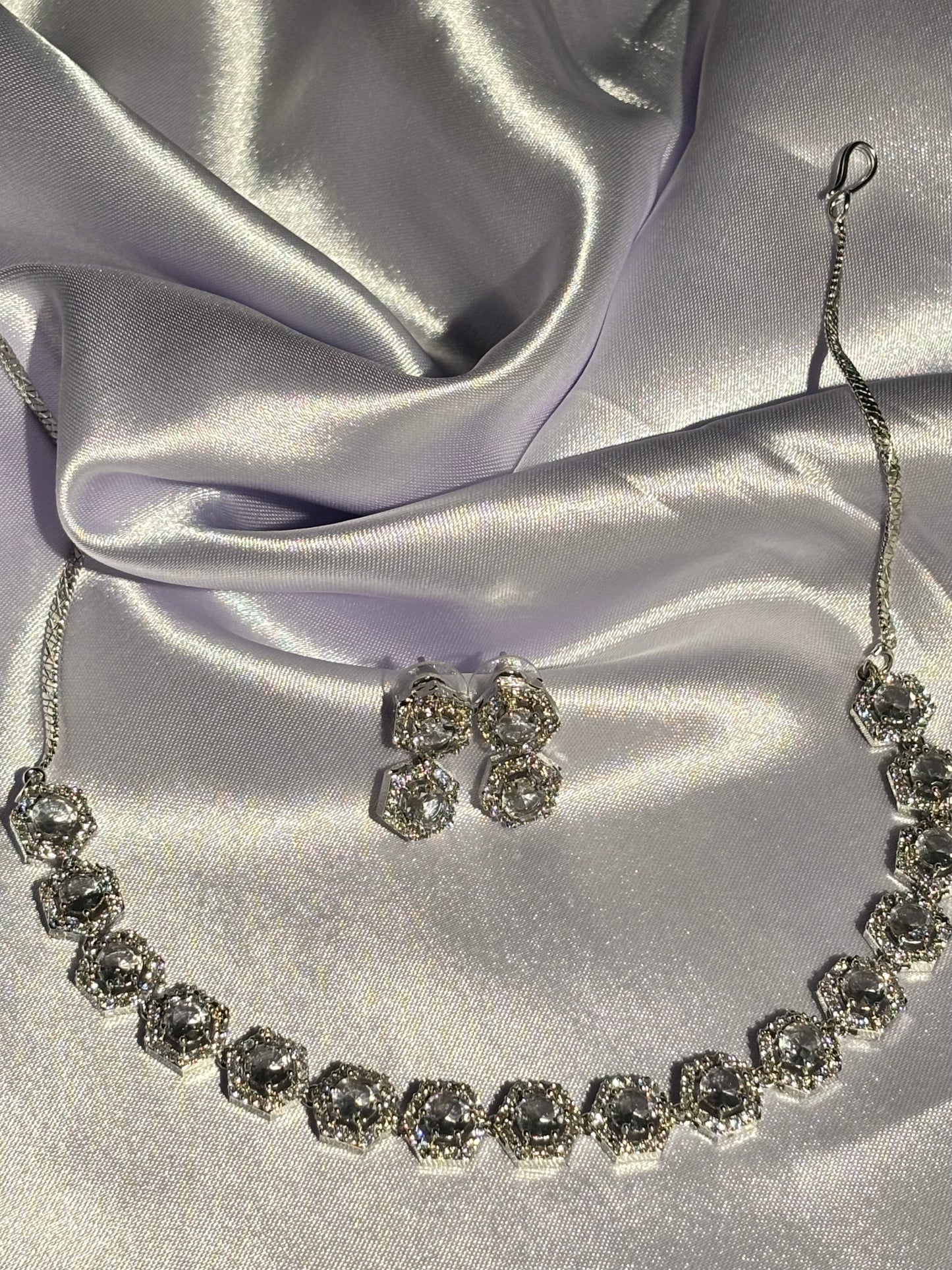 The Maya Zuri Hexagonal Halo Choker & Earring Set crystal silver