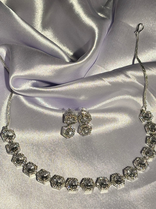 The Maya Zuri Hexagonal Halo Choker & Earring Set crystal silver