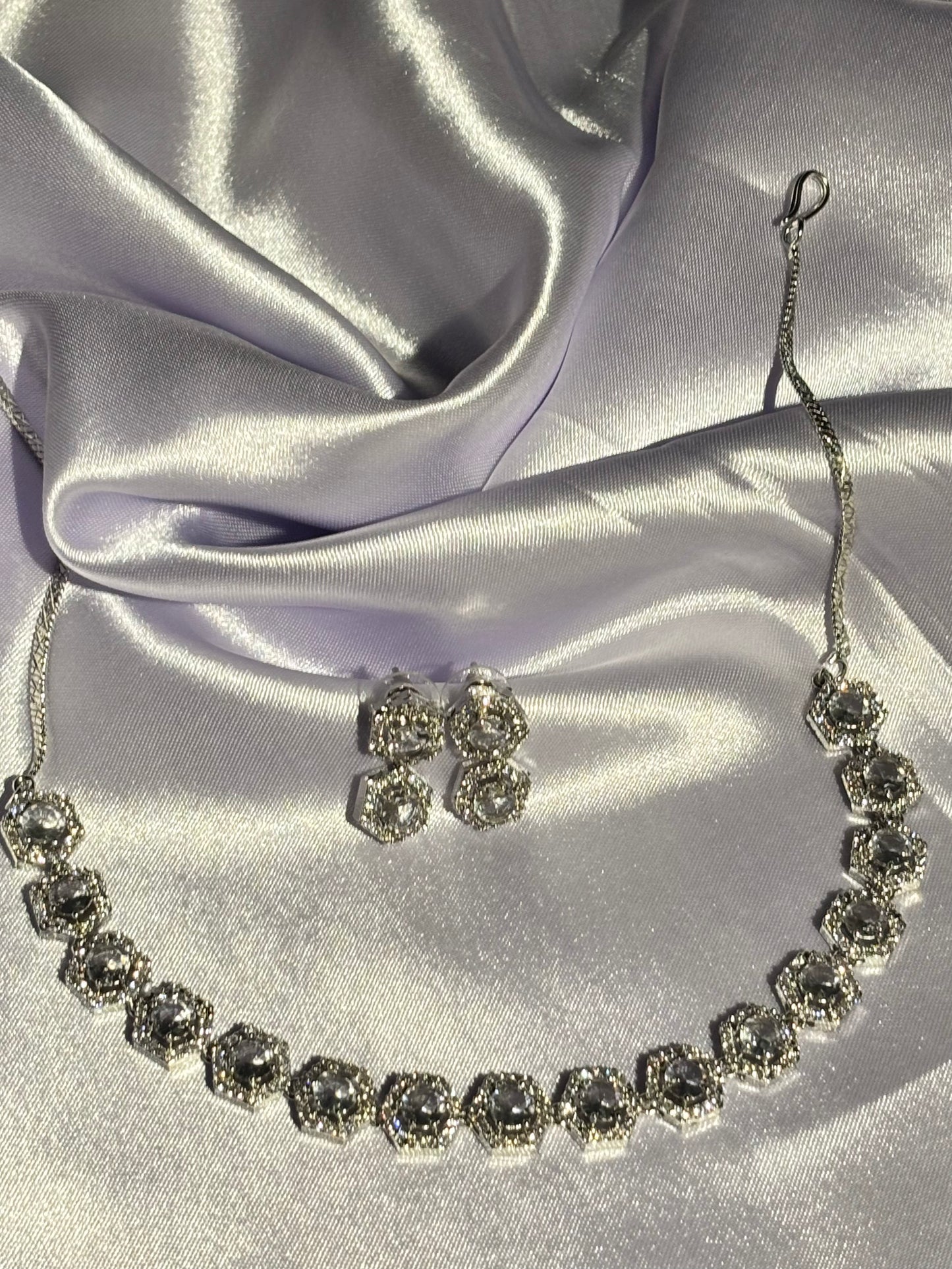 The Maya Zuri Hexagonal Halo Choker & Earring Set crystal silver