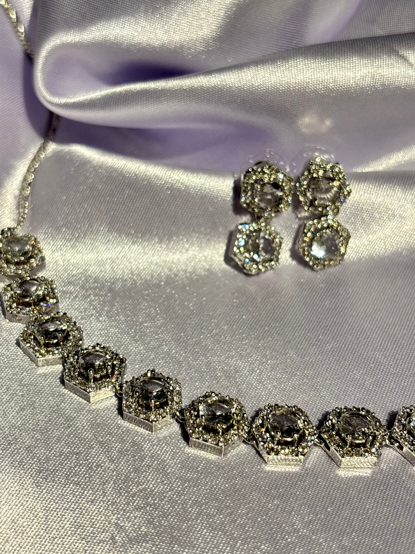 The Maya Zuri Hexagonal Halo Choker & Earring Set crystal silver