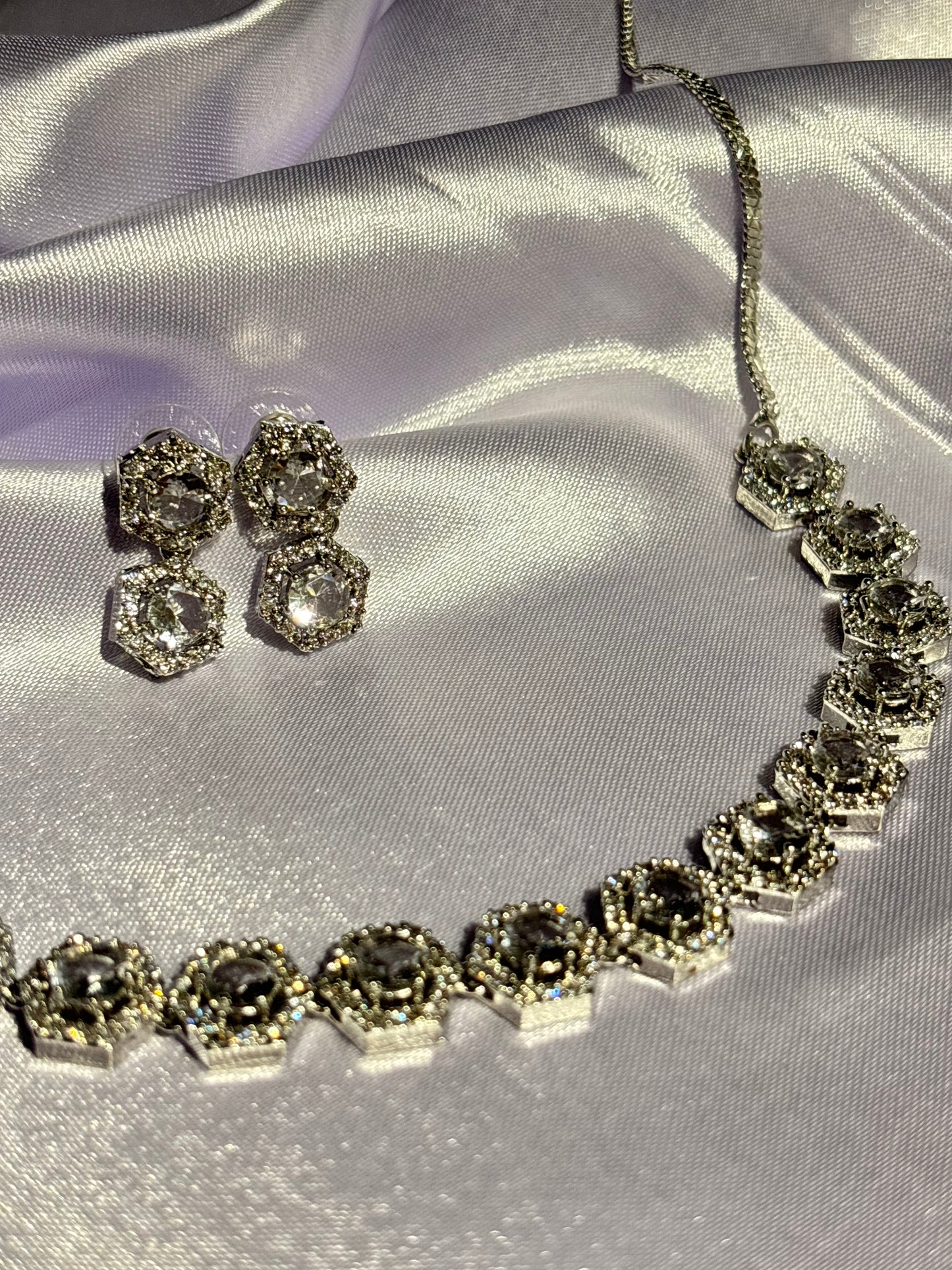 The Maya Zuri Hexagonal Halo Choker & Earring Set crystal silver