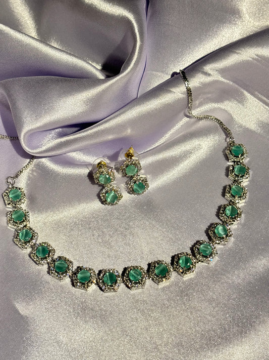 The Maya Zuri Hexagonal Halo Choker & Earring Set Mint Green