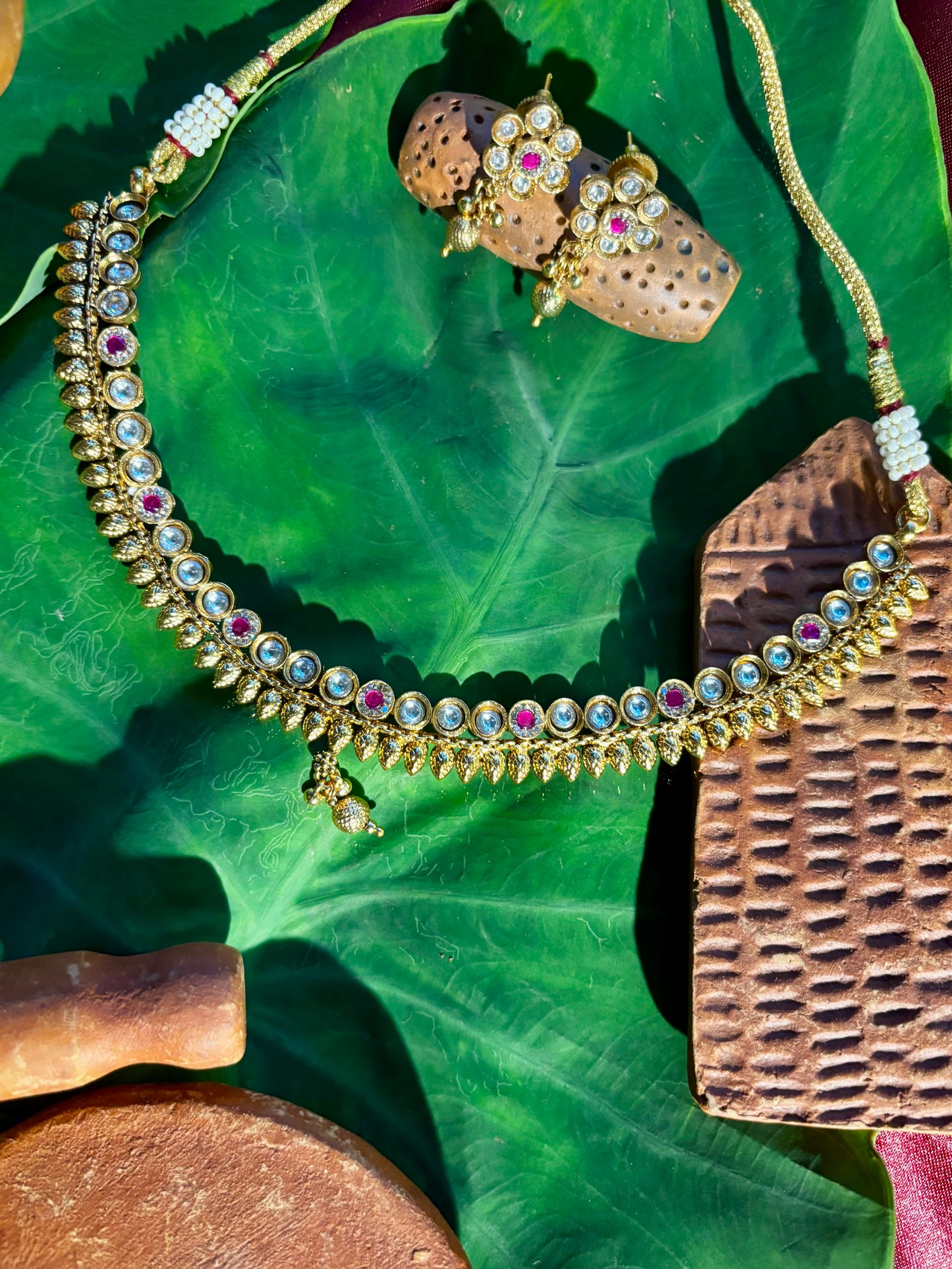 Maya Kundan & Ruby Antique Gold Necklace Set