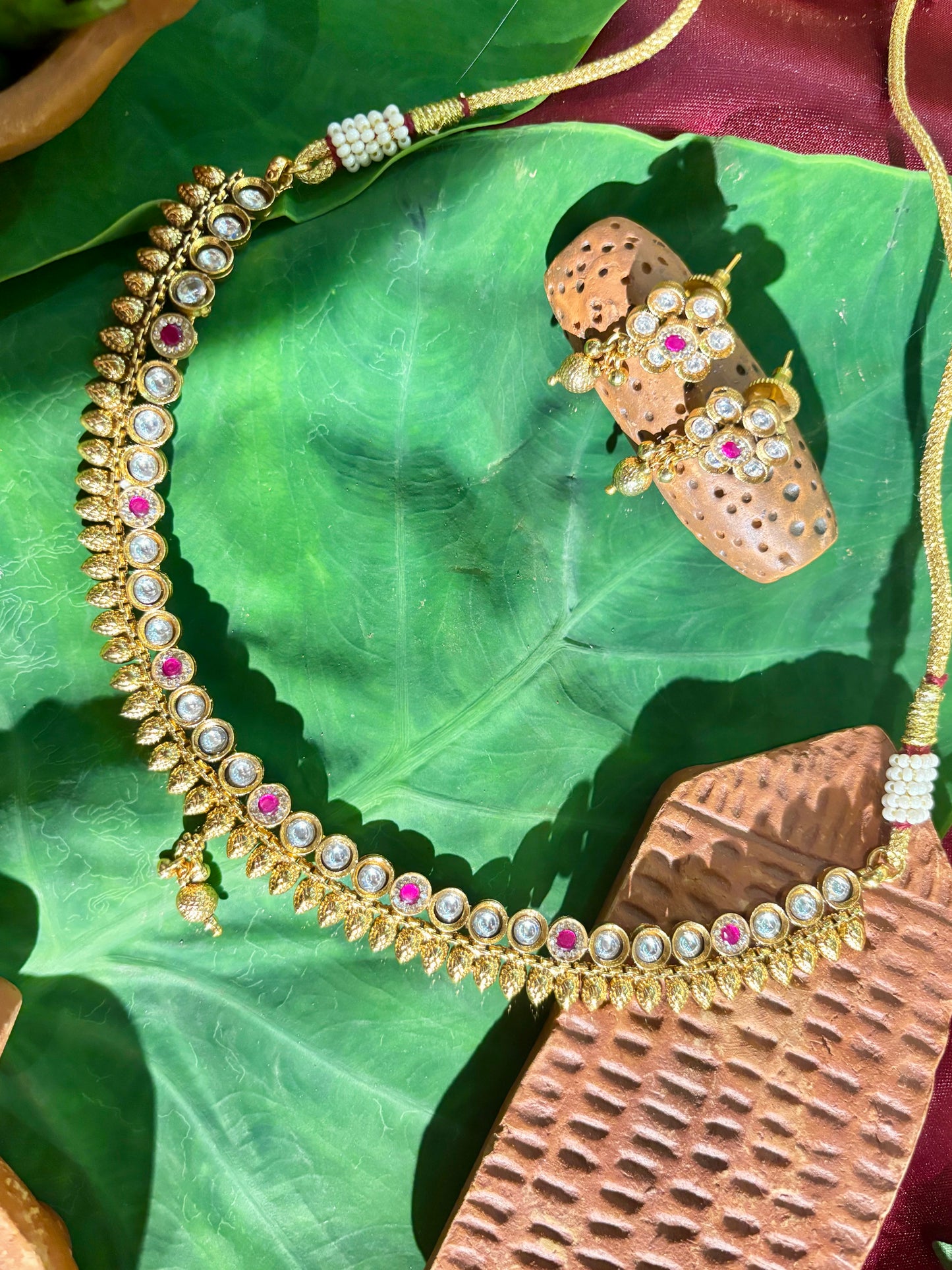 Maya Kundan & Ruby Antique Gold Necklace Set
