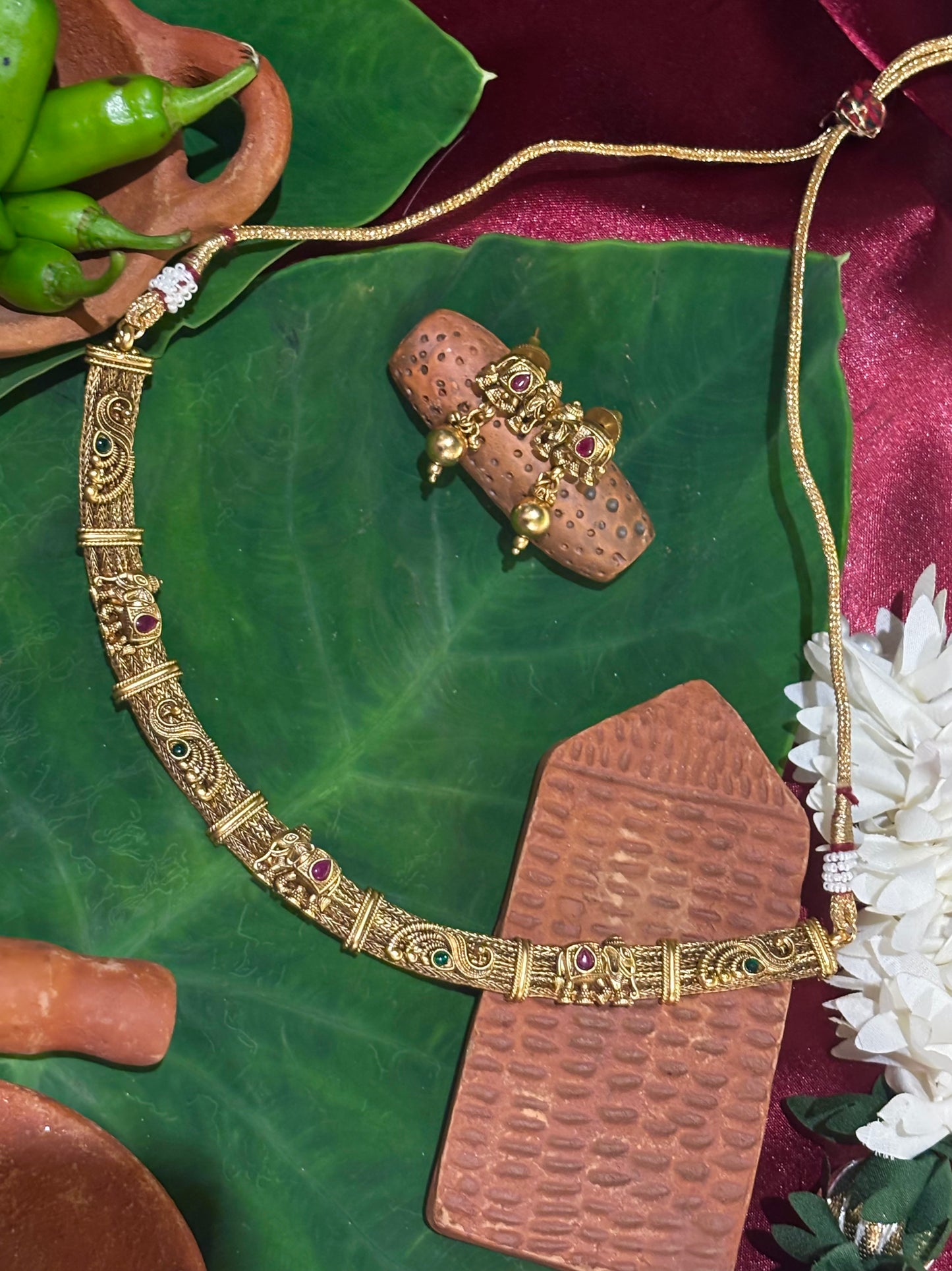 Maya Antique Gold Temple Necklace with Elephant Motifs, Peacock Filigree, and Matching Elephant Earrings