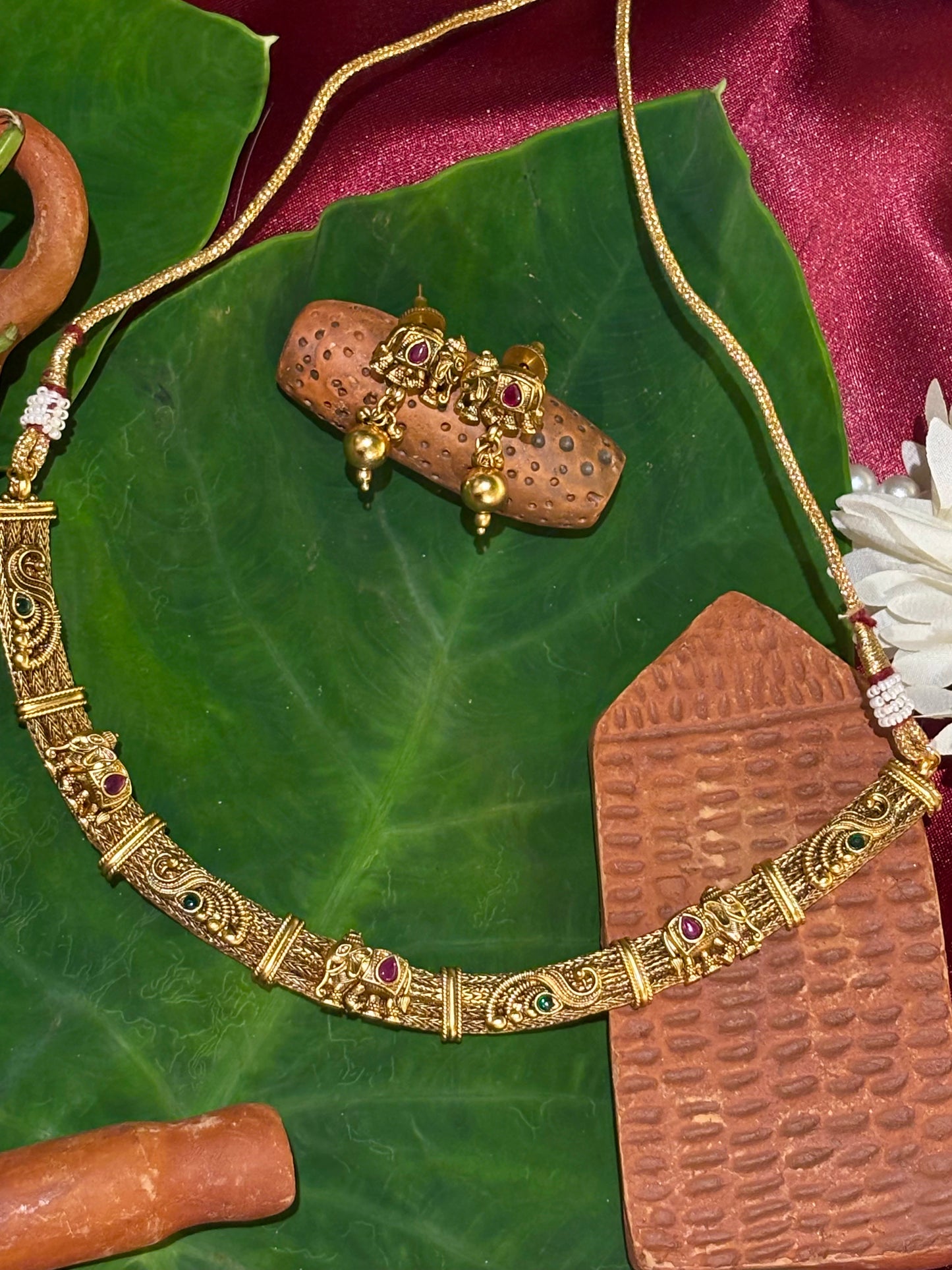 Maya Antique Gold Elephant Temple Necklace Set
