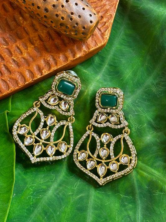 Maya Gold Lotus Motif Earrings with Kundan Teardrops and Cushion Cut Emerald Green Stone Stud
