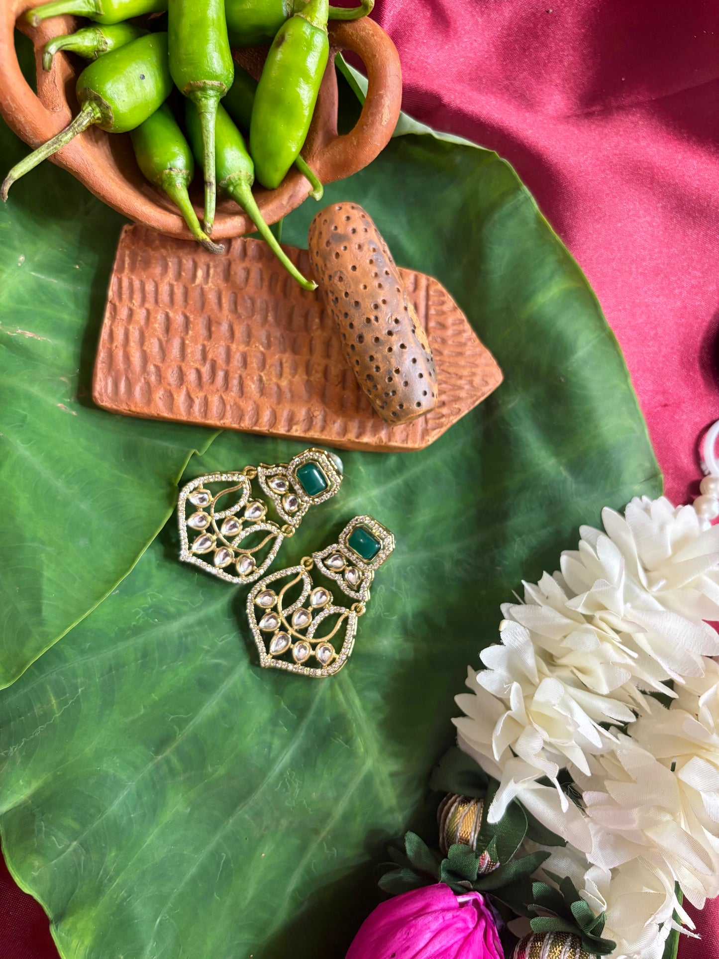Maya Lotus Kundan & Emerald Green Statement Earrings