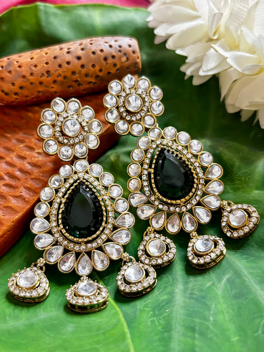 Maya Heavy Antique Gold Chandbali Earrings with Emerald Teardrop Center, Kundan Halo, and Floral Stud