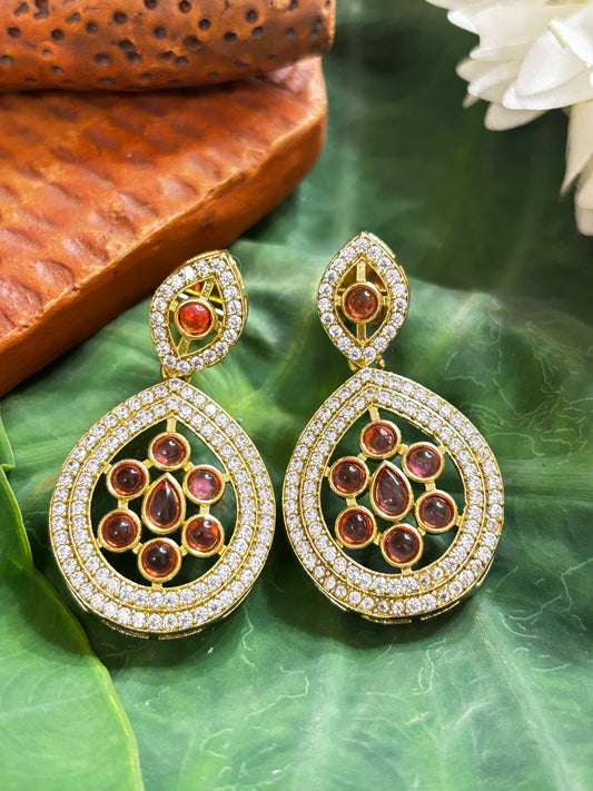 Maya Gold Teardrop Drop Earrings with Double CZ Pave Frame and Central Pinkish Ruby Cabochon Cluster