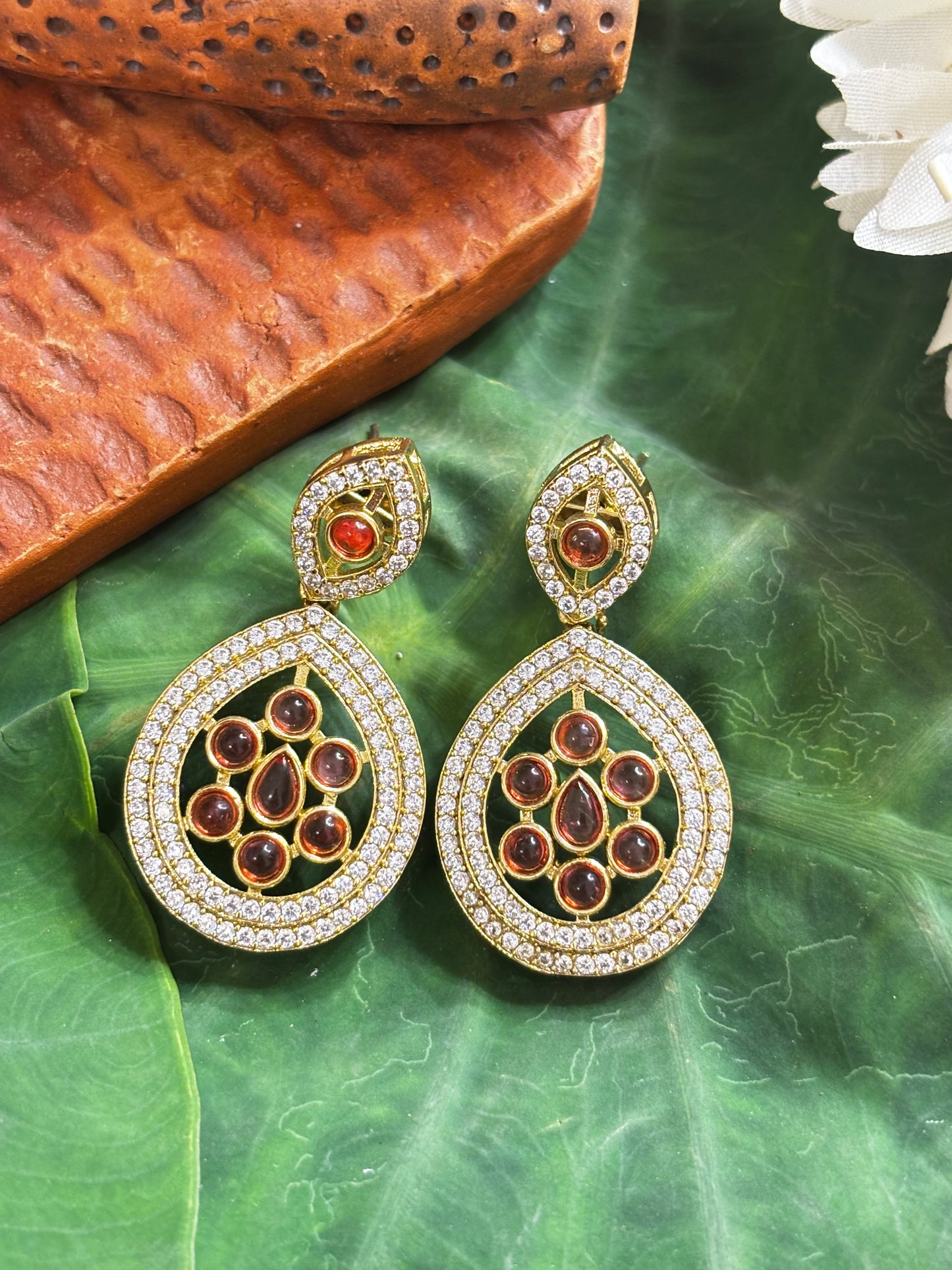 Maya Teardrop CZ & Ruby Cabochon Drop Earrings