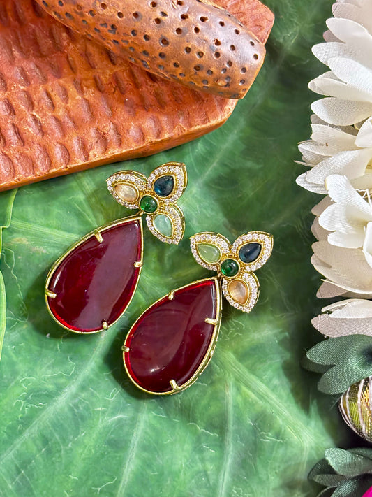 Maya Gold Maroon Teardrop Drop Earrings with Multi-Stone CZ Trefoil Floral Stud