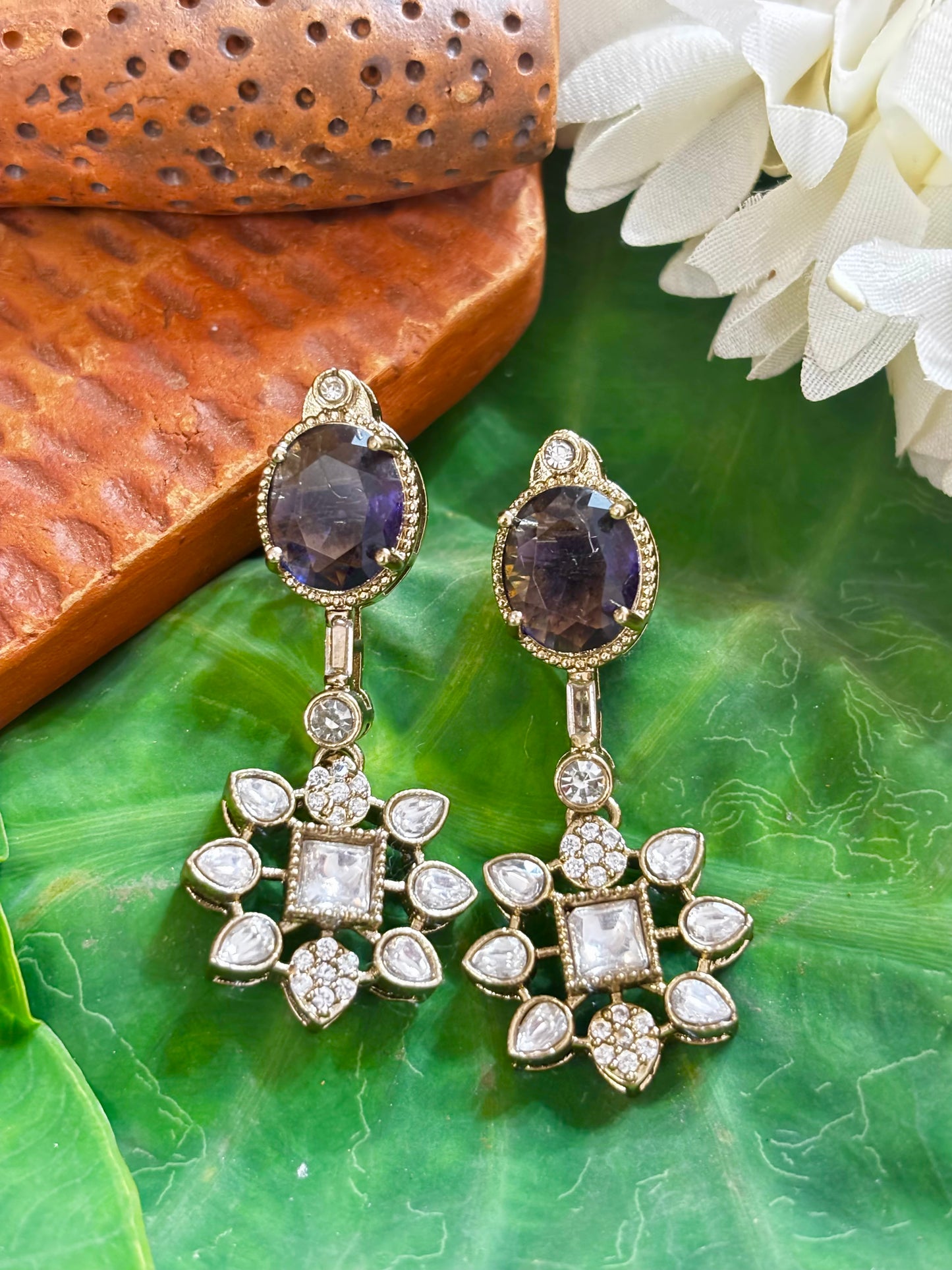 Maya Sapphire Violet Oval & Kundan Starburst Drop Earrings