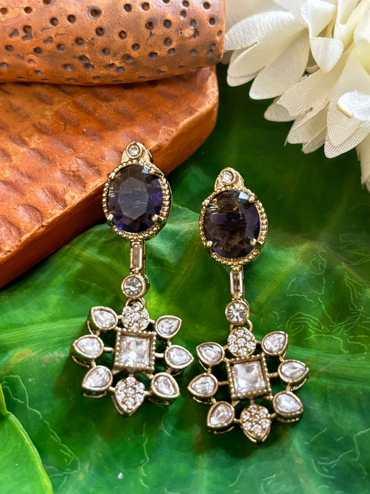 Maya Gold Drop Earrings with Faceted Sapphire Violet Oval Stud and Kundan Starburst Floral Drop