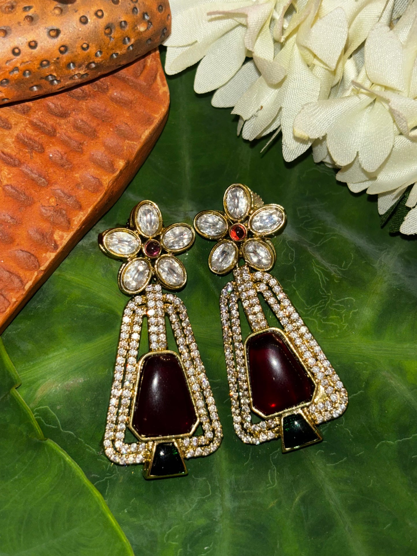Maya Maroon Trapezoid & Floral CZ Statement Earrings