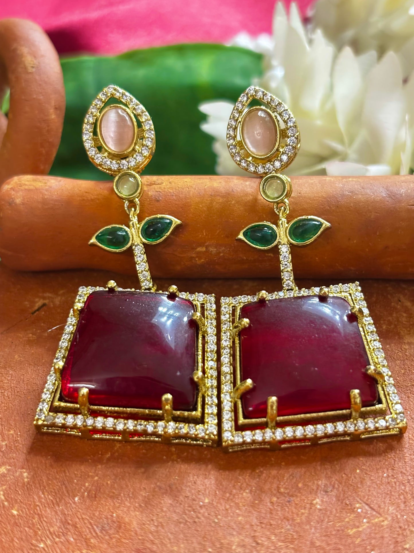 Maya Ruby Square Cabochon & Leaf Link Drop Earrings