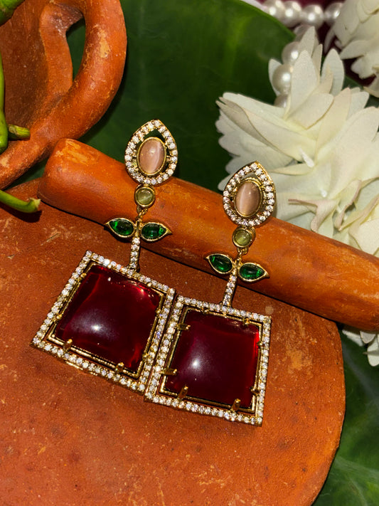 Maya Gold Square Ruby Cabochon Drop Earrings with CZ Halo Frame and Green Leaf Link Stud