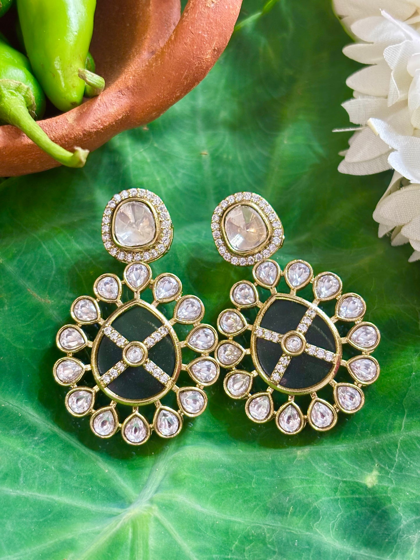 Maya Gold Round Lavender Medallion Drop Earrings with CZ Crosshair Grid and Kundan Halo
