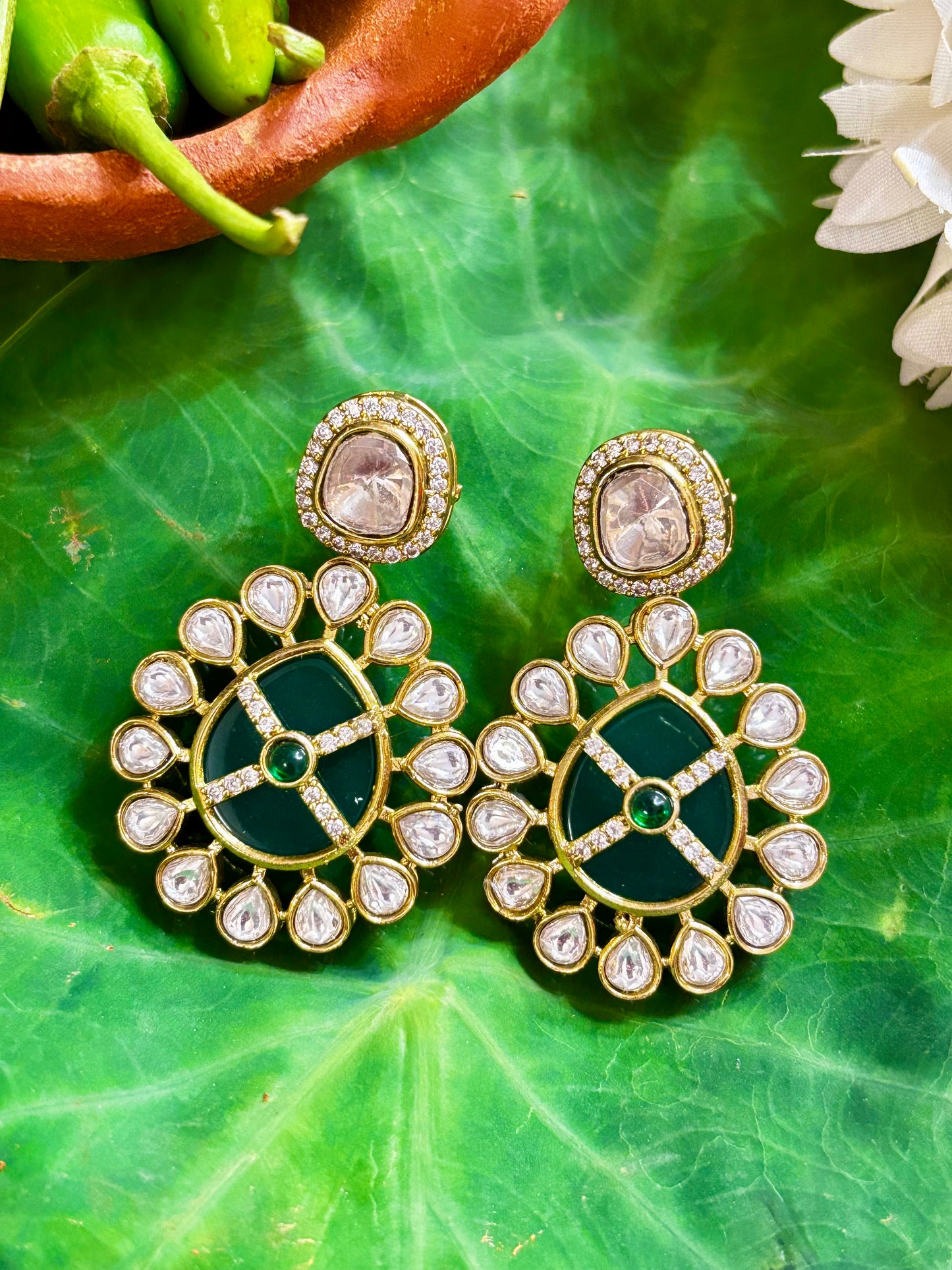 Maya Emerald Green Medallion Crosshair Kundan Drop Earrings