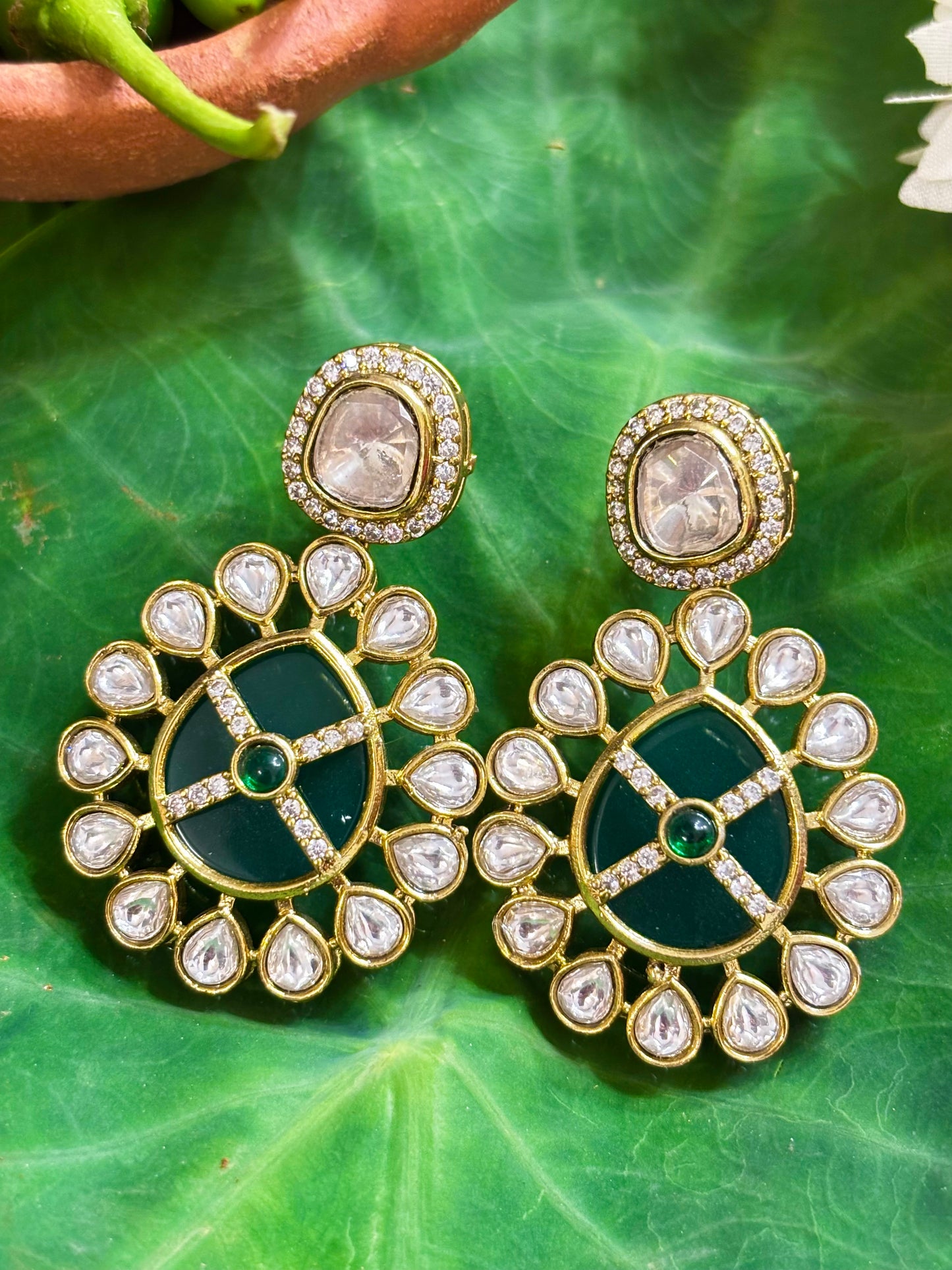 Maya Emerald Green Medallion Crosshair Kundan Drop Earrings
