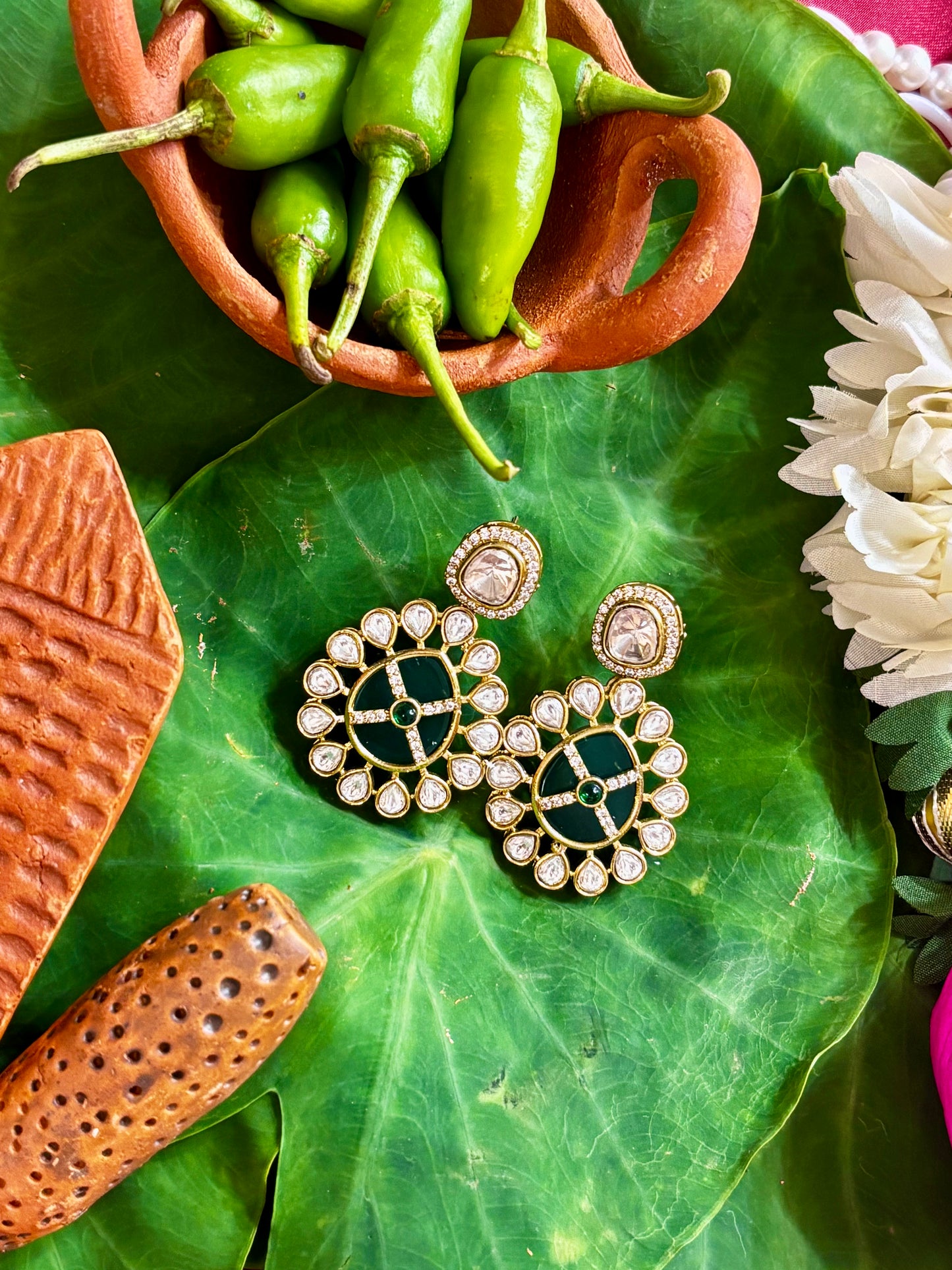 Maya Emerald Green Medallion Crosshair Kundan Drop Earrings