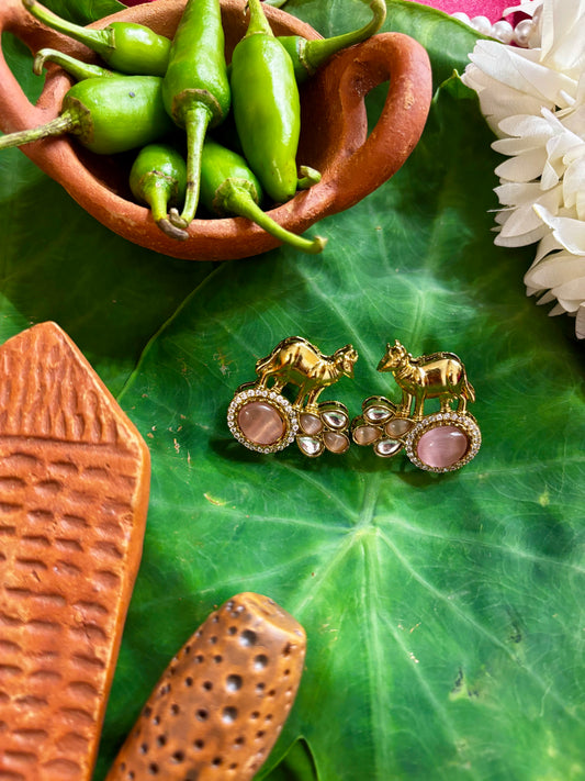 Maya Gold Camel & Pink Cat-Eye Kundan Stud Earrings