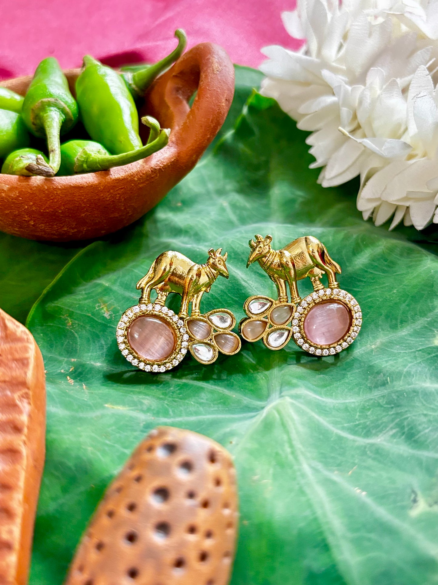 Maya Gold Camel & Pink Cat-Eye Kundan Stud Earrings