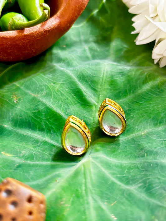 Maya Gold Teardrop Kundan Solitaire Stud Earrings with Textured Bezel Setting