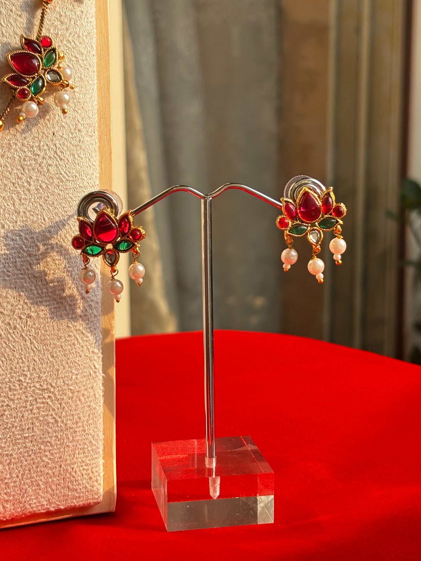 Pink Lotus Enamel Pearl Strand Choker Set with Earrings - The House of Maya