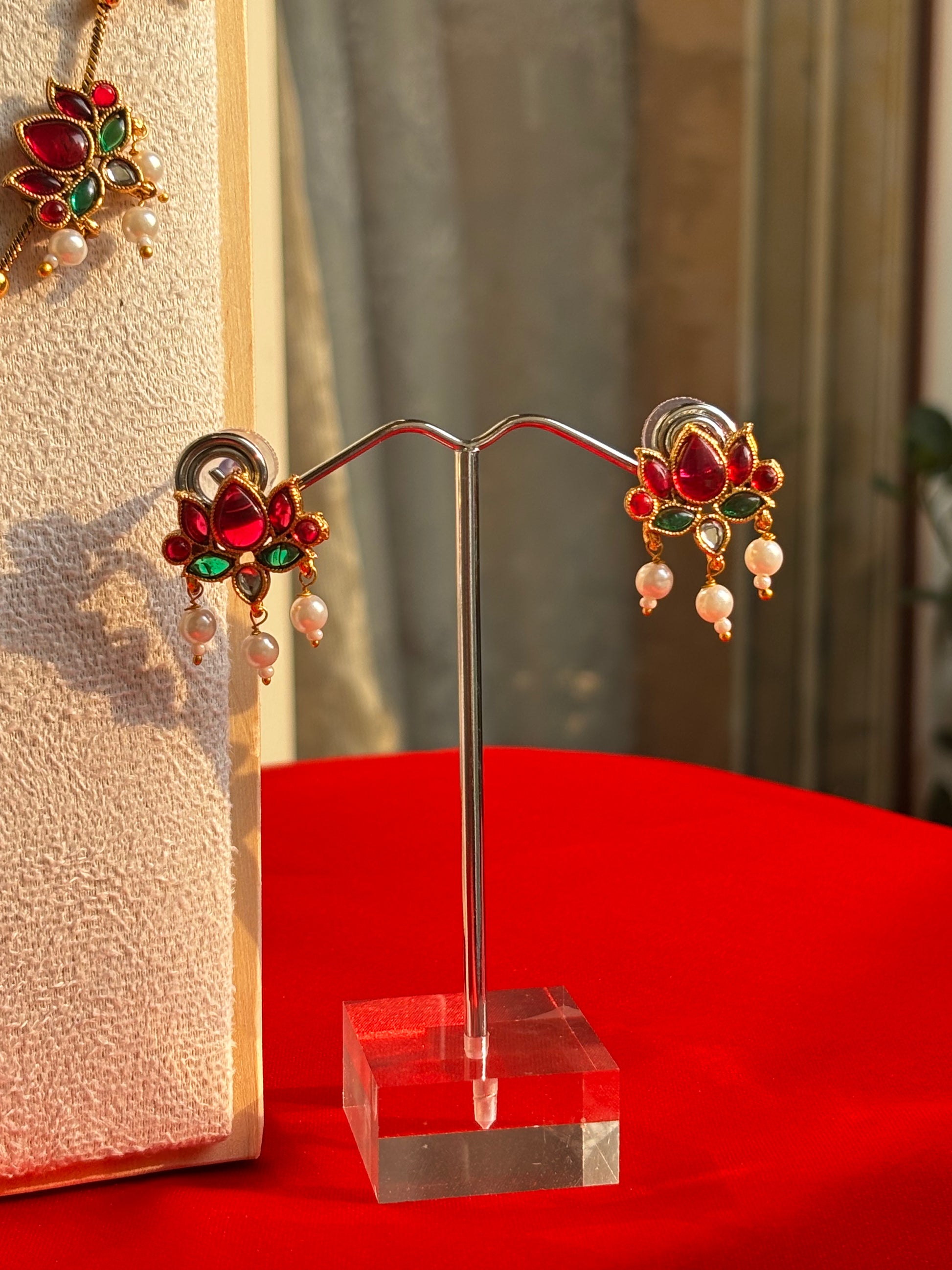 Pink Lotus Enamel Pearl Strand Choker Set with Earrings - The House of Maya