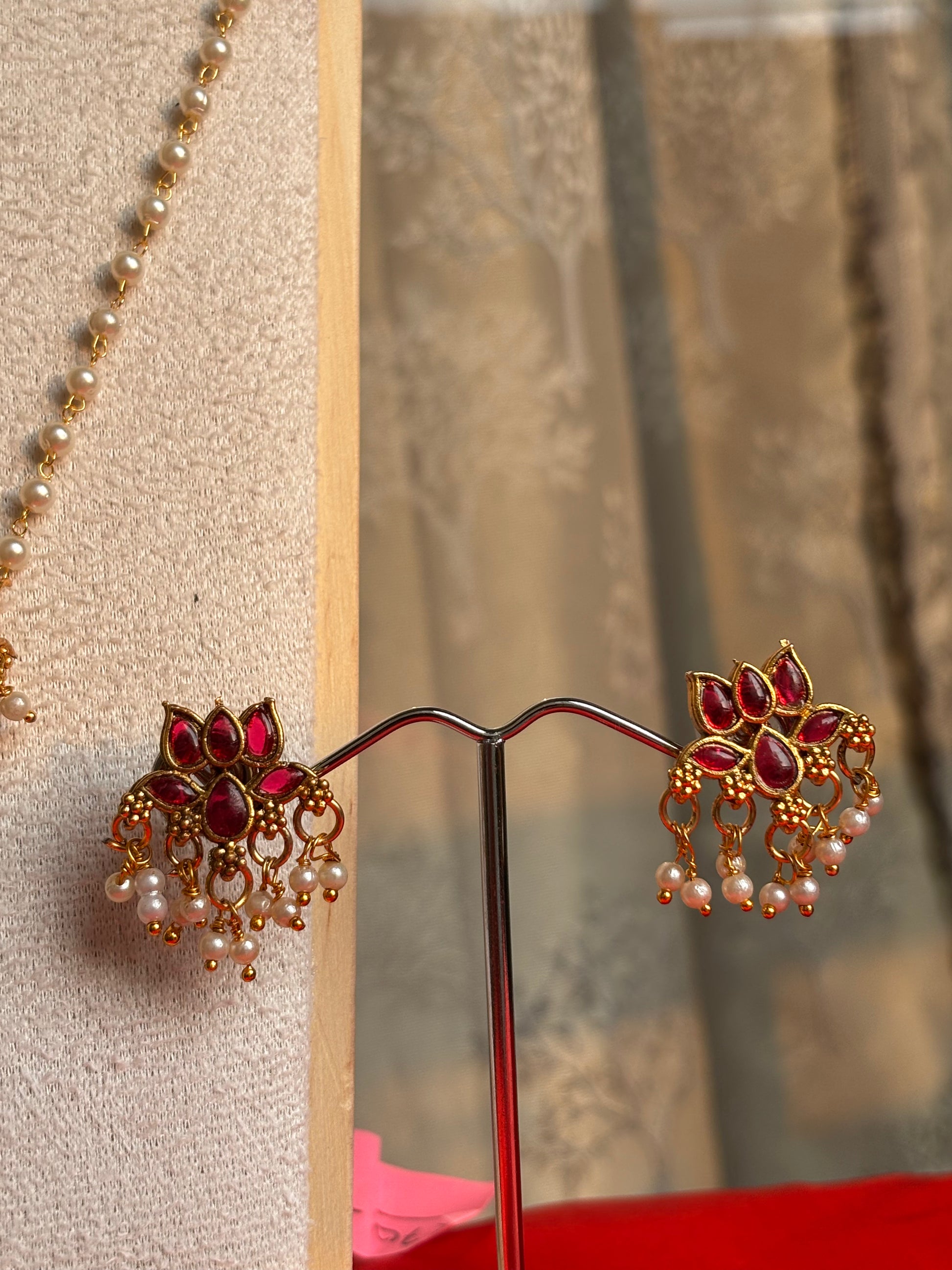 Green Lotus Enamel Pearl Strand Choker Set with Earrings - The House of Maya